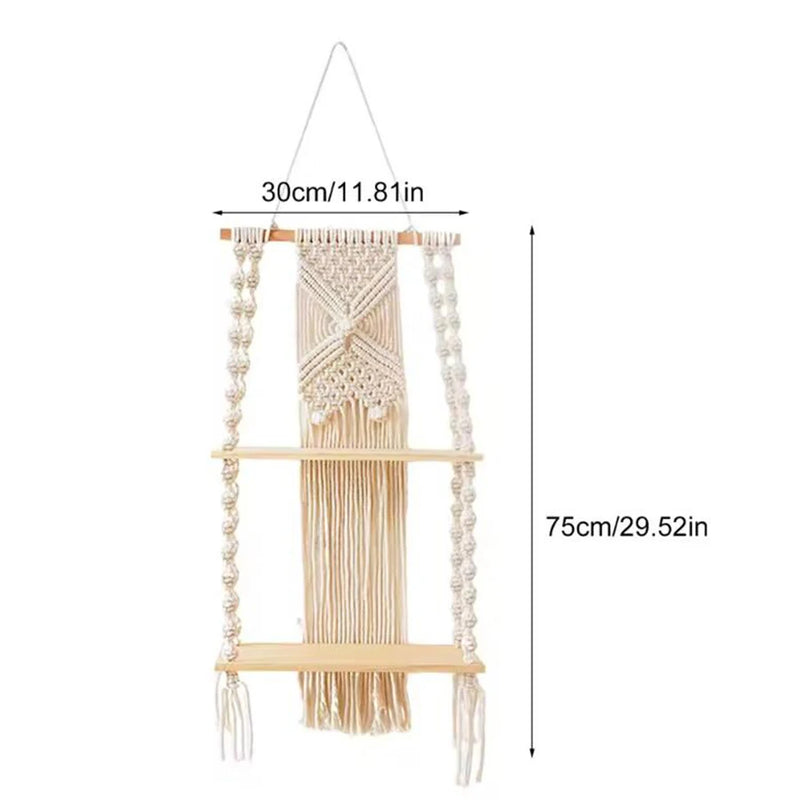 2 Tier Macrame Wall Shelf – Boho Floating Wood Design-Home decor-Krewe Home Interiors