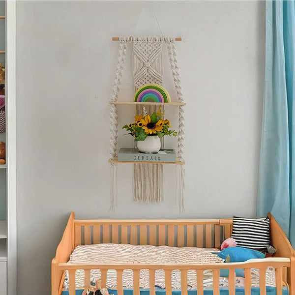 2 Tier Macrame Wall Shelf – Boho Floating Wood Design-Home decor-Krewe Home Interiors