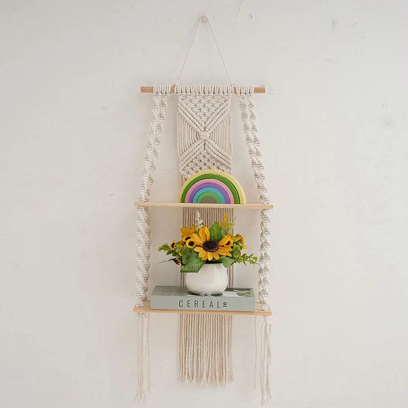 2 Tier Macrame Wall Shelf – Boho Floating Wood Design-Home decor-Krewe Home Interiors
