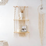 2 Tier Macrame Wall Shelf – Boho Floating Wood Design-Home decor-Krewe Home Interiors