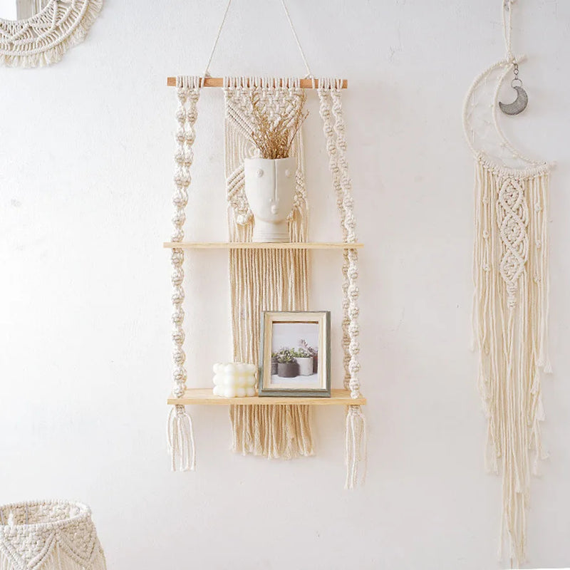 2 Tier Macrame Wall Shelf – Boho Floating Wood Design-Home decor-Krewe Home Interiors