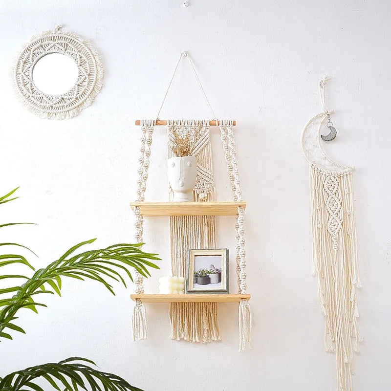 2 Tier Macrame Wall Shelf – Boho Floating Wood Design-Home decor-Krewe Home Interiors