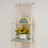2 Tier Macrame Wall Shelf – Boho Floating Wood Design-Home decor-Krewe Home Interiors