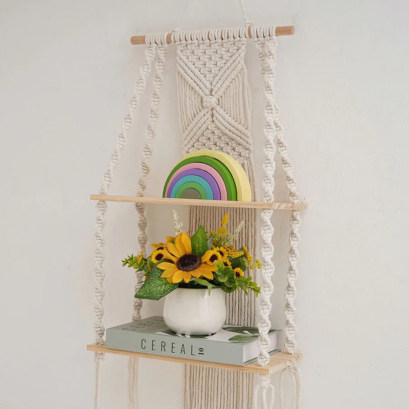 2 Tier Macrame Wall Shelf – Boho Floating Wood Design-Home decor-Krewe Home Interiors