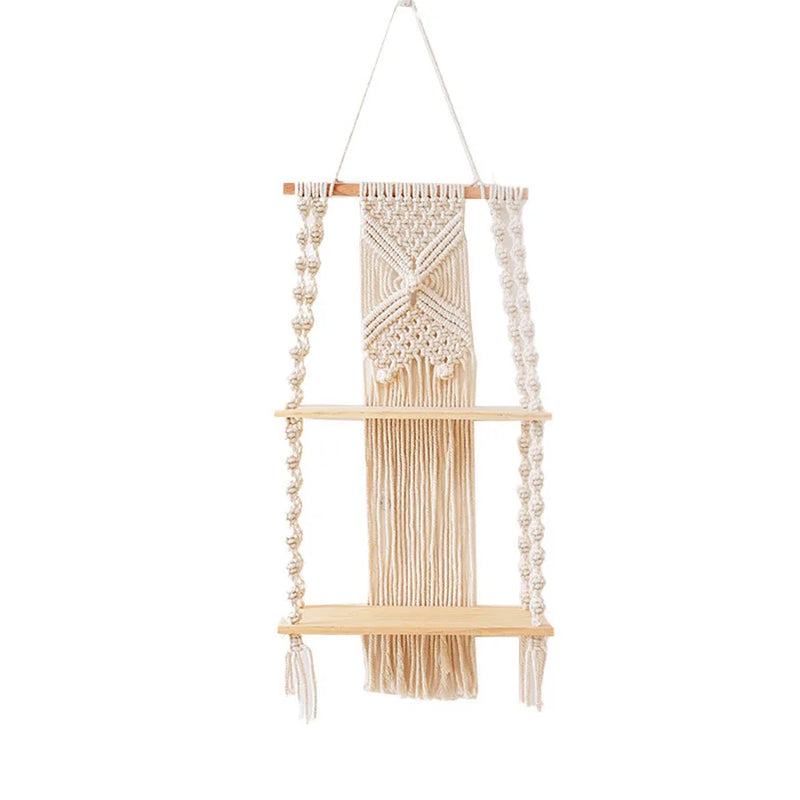 2 Tier Macrame Wall Shelf – Boho Floating Wood Design-Home decor-Krewe Home Interiors