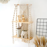 2 Tier Macrame Wall Shelf – Boho Floating Wood Design-Home decor-Krewe Home Interiors
