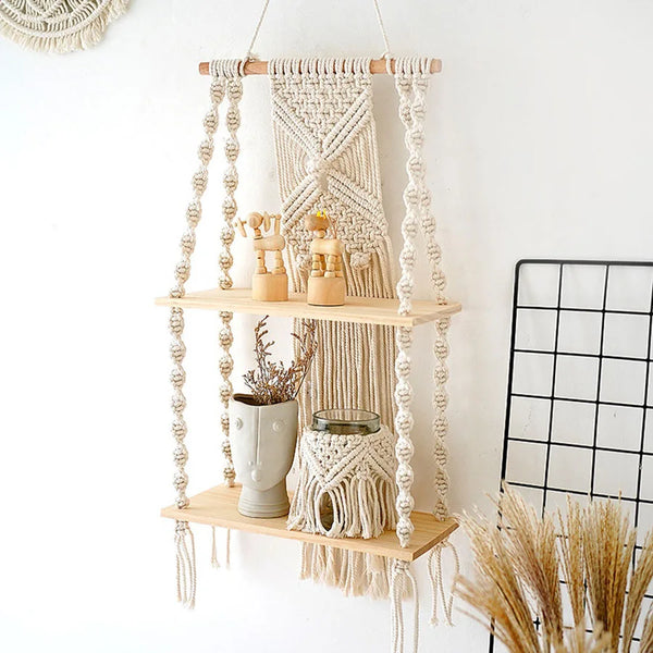 2 Tier Macrame Wall Shelf – Boho Floating Wood Design-Home decor-Krewe Home Interiors