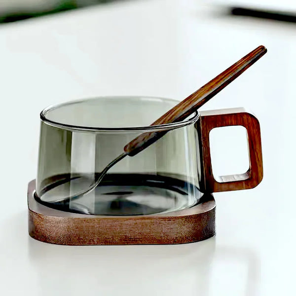 200ml Glass Coffee Mug with Wooden Tray & Spoon-kitchen-Krewe Home Interiors