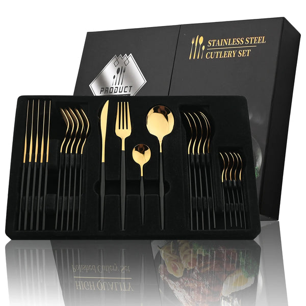 24-Piece Black & Gold Cutlery Set – Service for 6-kitchen-Krewe Home Interiors