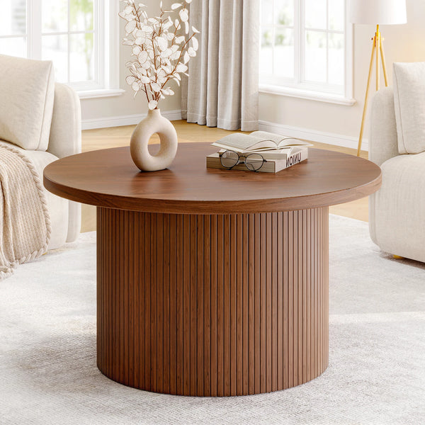 31.5" Round Walnut Coffee Table – Tambour Mid-Century Design-Furniture-Krewe Home Interiors
