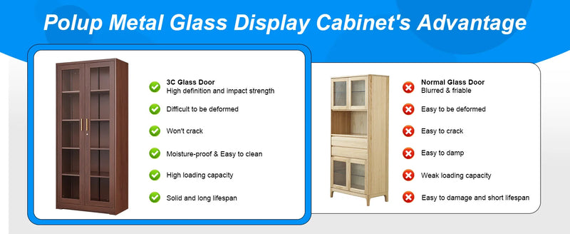 71" Glass Display Cabinet with Locking Doors – Metal Frame Bookcase-Furniture-Krewe Home Interiors