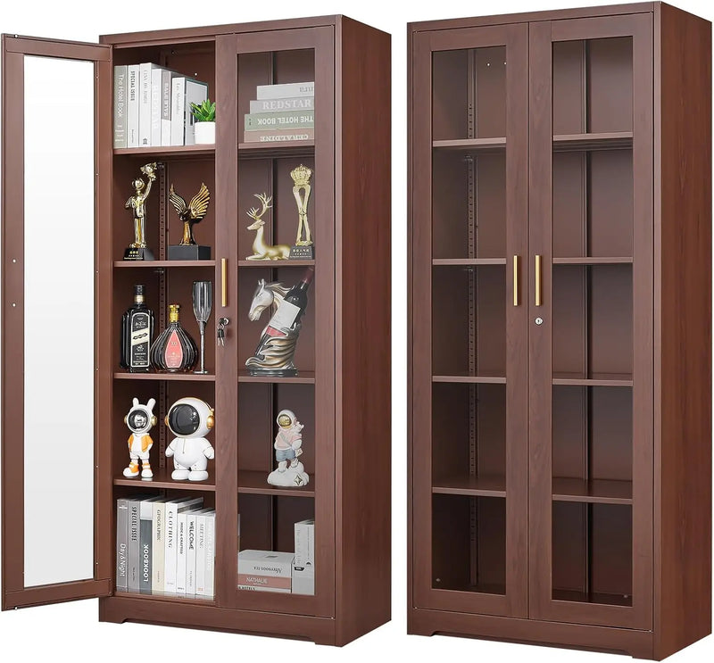71" Glass Display Cabinet with Locking Doors – Metal Frame Bookcase-Furniture-Krewe Home Interiors