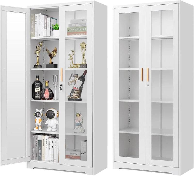 71" Glass Display Cabinet with Locking Doors – Metal Frame Bookcase-Furniture-Krewe Home Interiors