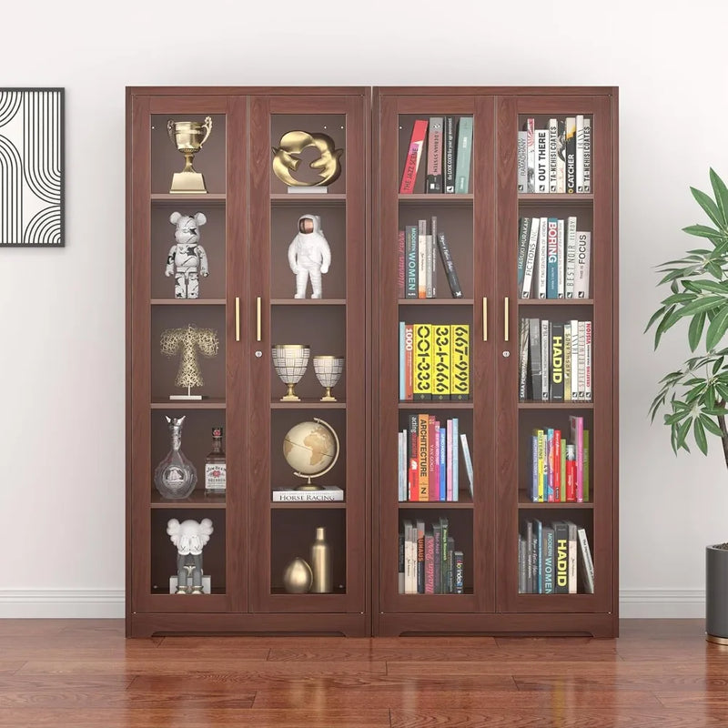 71" Glass Display Cabinet with Locking Doors – Metal Frame Bookcase-Furniture-Krewe Home Interiors