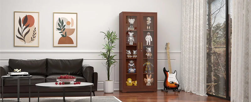 71" Glass Display Cabinet with Locking Doors – Metal Frame Bookcase-Furniture-Krewe Home Interiors
