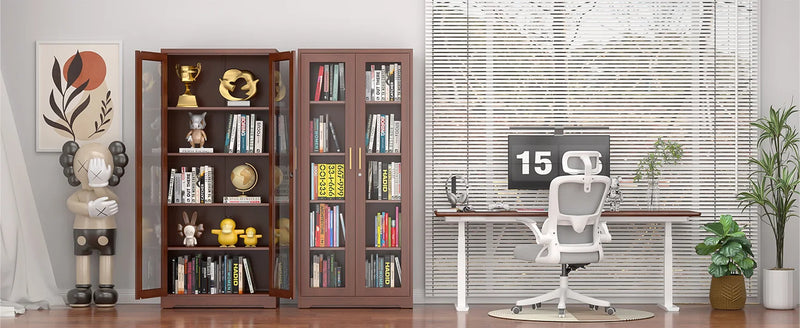 71" Glass Display Cabinet with Locking Doors – Metal Frame Bookcase-Furniture-Krewe Home Interiors