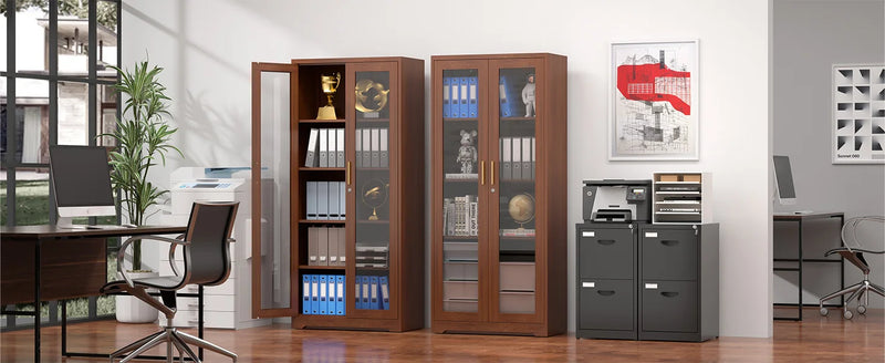 71" Glass Display Cabinet with Locking Doors – Metal Frame Bookcase-Furniture-Krewe Home Interiors