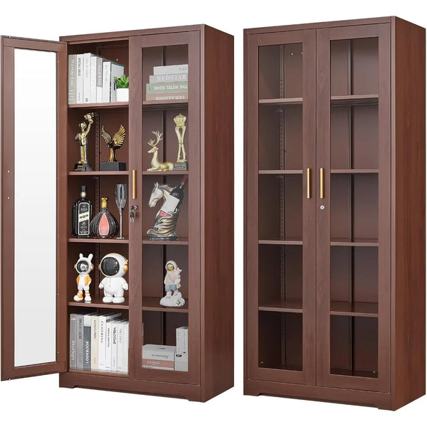71" Glass Display Cabinet with Locking Doors – Metal Frame Bookcase-Furniture-Krewe Home Interiors