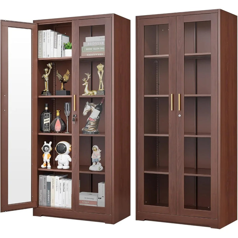 71" Glass Display Cabinet with Locking Doors – Metal Frame Bookcase-Furniture-Krewe Home Interiors