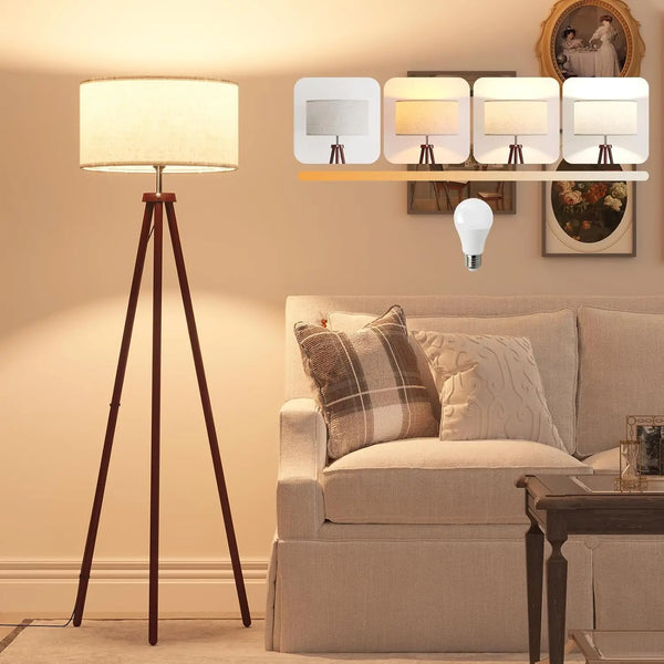 Wood Tripod Floor Lamp with Beige Linen Shade – 3-Color LED