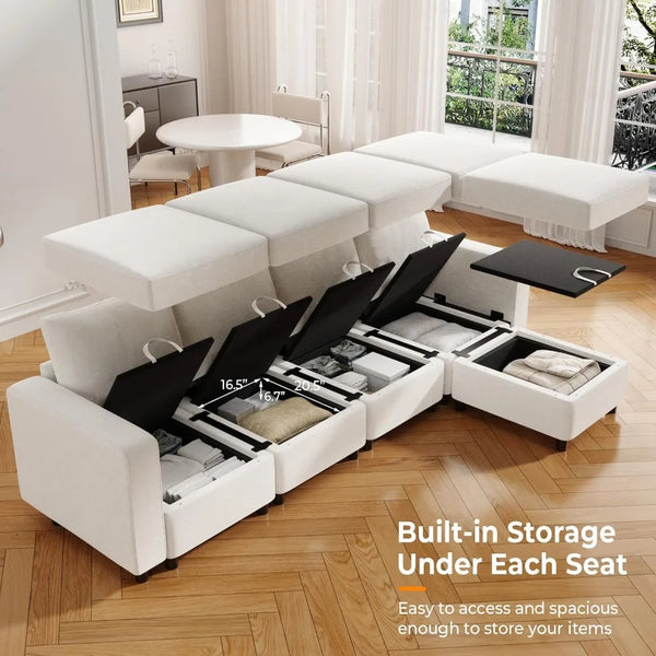 Cream White Modular Sectional Sofa with Storage & USB Chargers – 6 Seats
