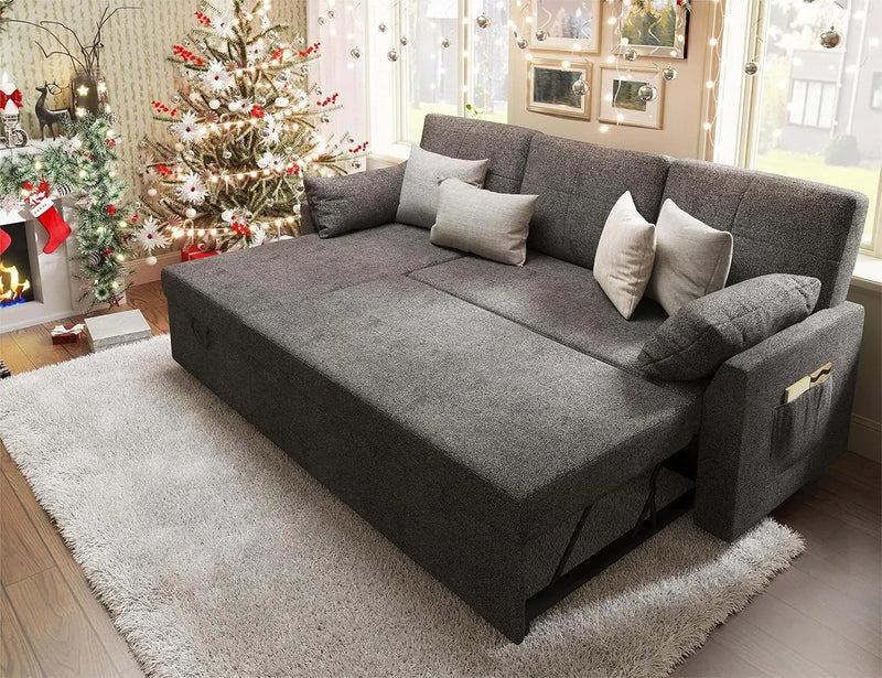 Sleeper Sofa Bed with Storage Chaise – Grey Linen