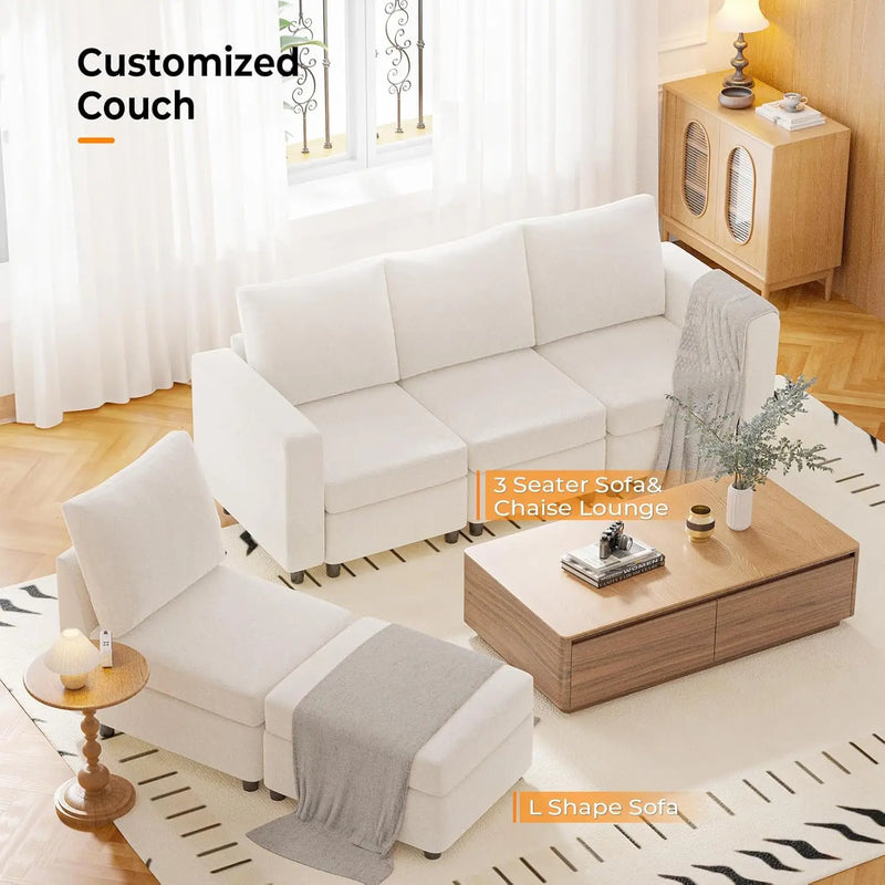 Cream White Modular Sectional Sofa with Storage & USB Chargers – 6 Seats