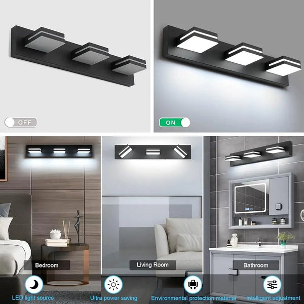 Modern 3-Light LED Bathroom Vanity Light – Matte Black, Waterproof & Energy Saving