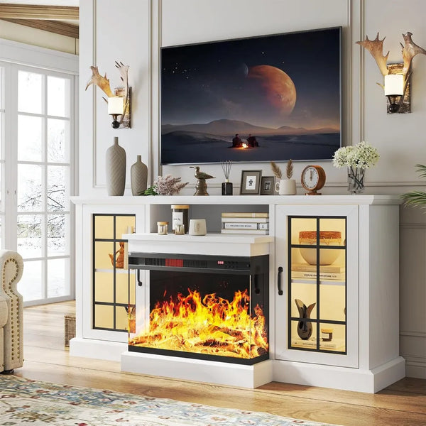 59'' Fireplace TV Stand with Glass Doors for TVs Up to 65''