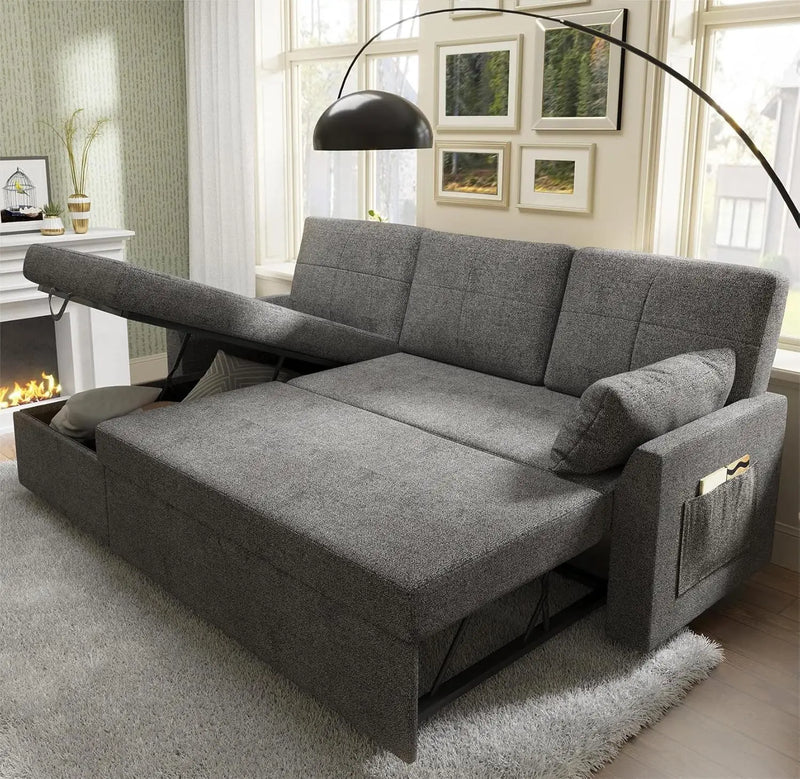 Sleeper Sofa Bed with Storage Chaise – Grey Linen