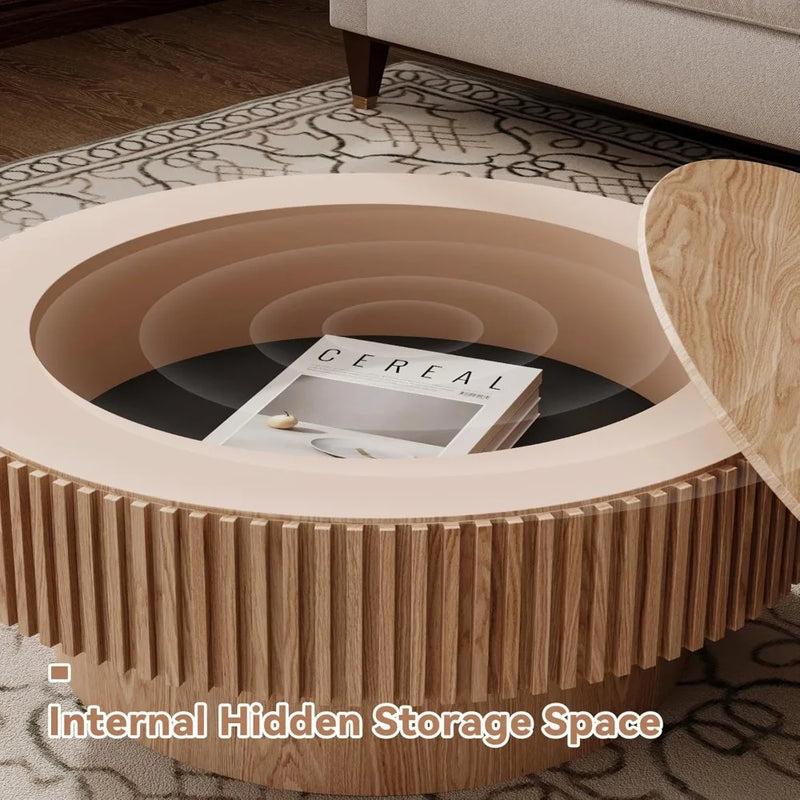 31.5" Natural Coffee Table – Modern Solid Wood Drum Tea Table for Living Room
