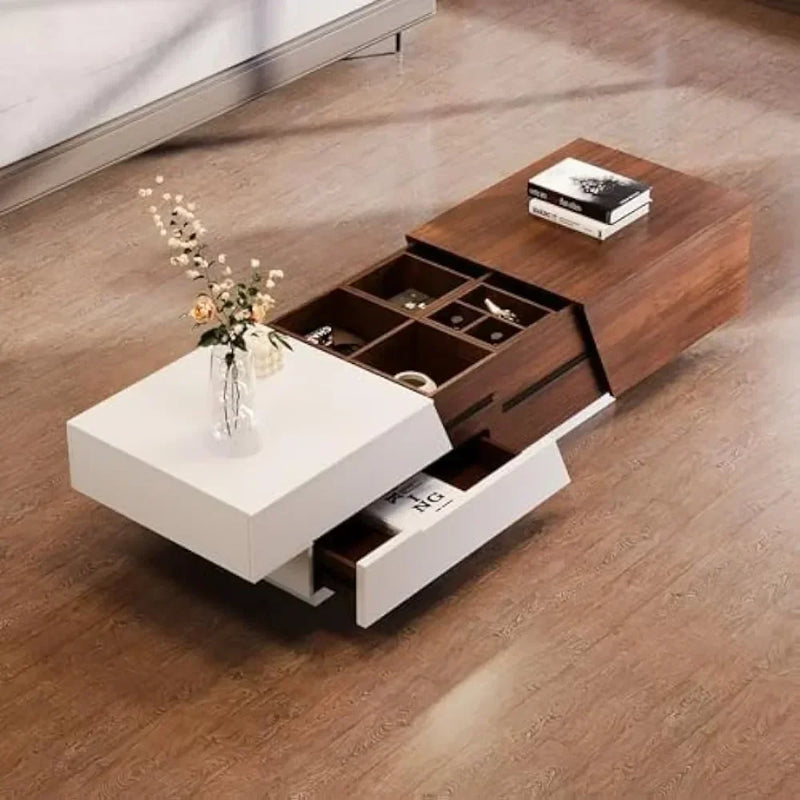 Modern Extendable Coffee Table with Hidden Storage – White & Walnut