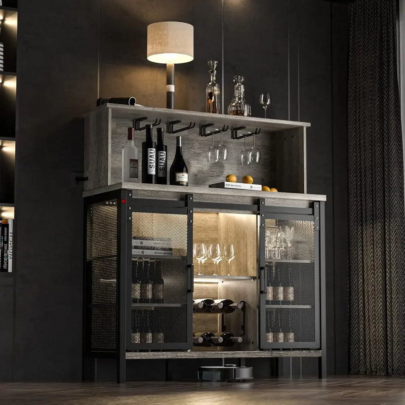 Farmhouse Coffee & Wine Bar Cabinet with LED & Wine Rack