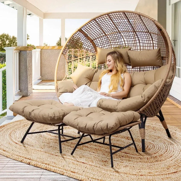 Oversized 2-Person Wicker Egg Chair with Ottoman – Indoor/Outdoor Lounge