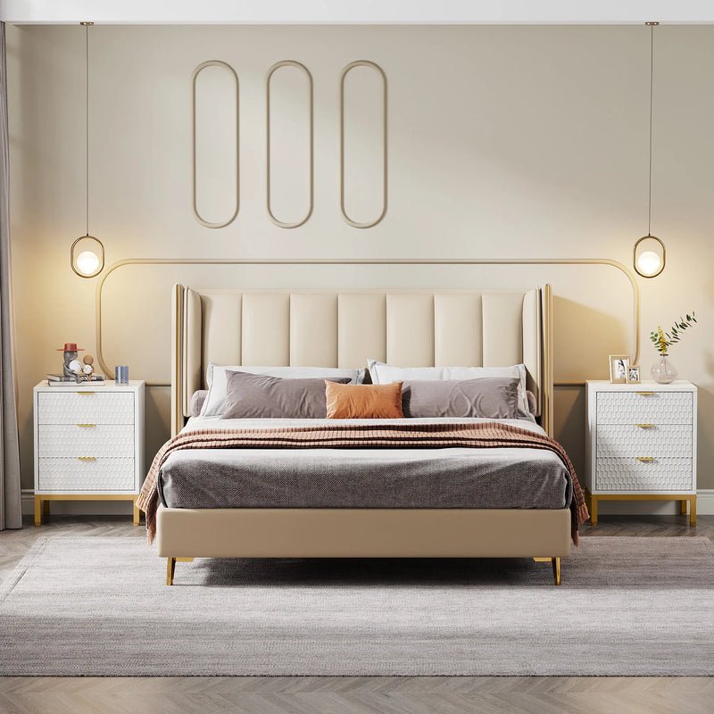 Modern White Nightstand with 3 Drawers - Gold Base