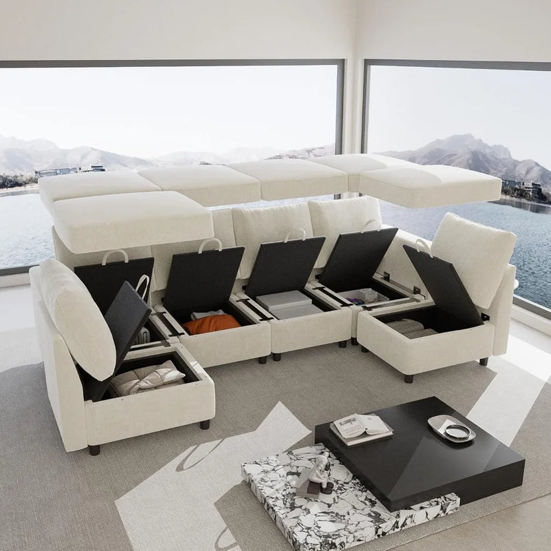 Cream White Modular Sectional Sofa with Storage & USB Chargers – 6 Seats