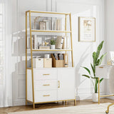 69" White & Gold Bookshelf with Drawers & Ladder Shelves