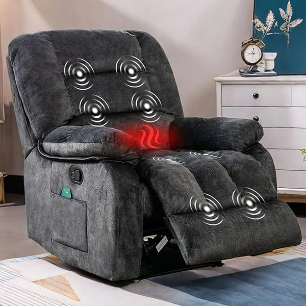 Overstuffed Massage Recliner with Heat & Vibration – Plush Fabric Reclining Chair