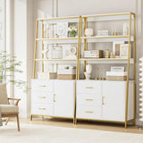 69" White & Gold Bookshelf with Drawers & Ladder Shelves