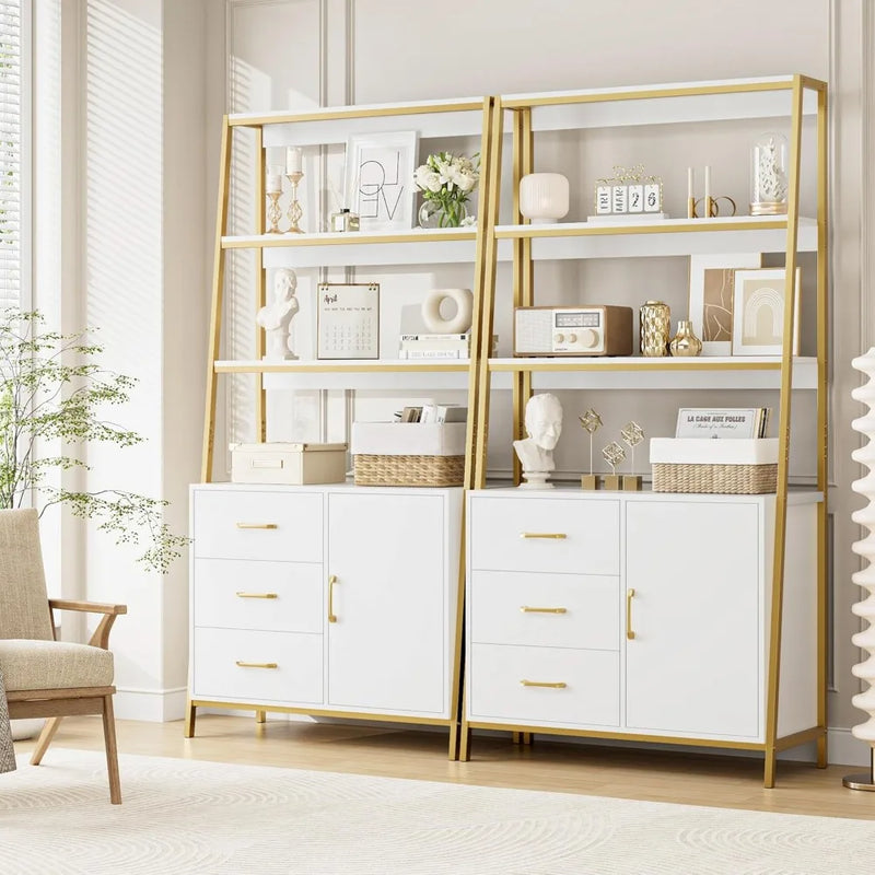 69" White & Gold Bookshelf with Drawers & Ladder Shelves