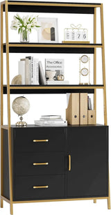 69" White & Gold Bookshelf with Drawers & Ladder Shelves