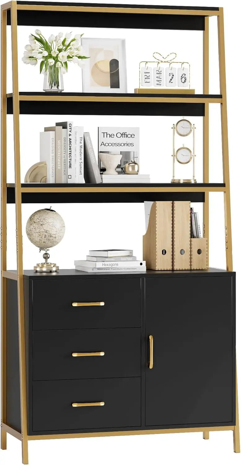 69" White & Gold Bookshelf with Drawers & Ladder Shelves