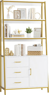 69" White & Gold Bookshelf with Drawers & Ladder Shelves