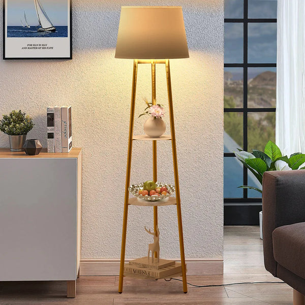 Modern Tripod LED Floor Lamp with Shelves – Warm Light