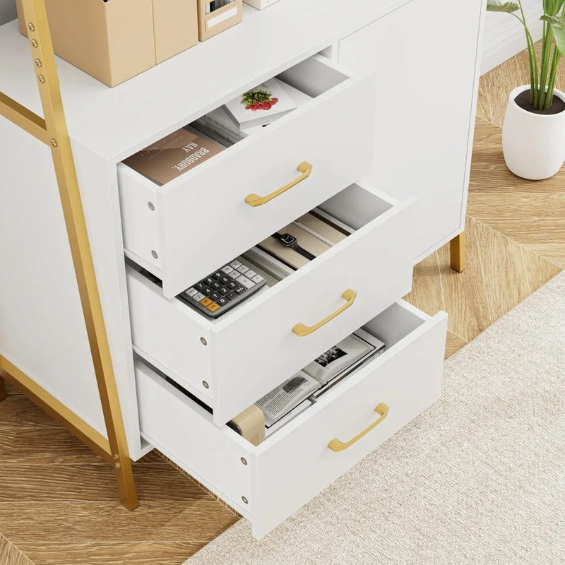 69" White & Gold Bookshelf with Drawers & Ladder Shelves
