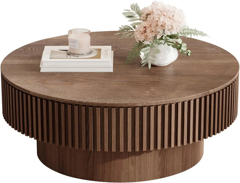31.5" Natural Coffee Table – Modern Solid Wood Drum Tea Table for Living Room