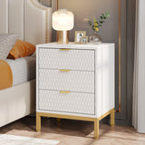 Modern White Nightstand with 3 Drawers - Gold Base