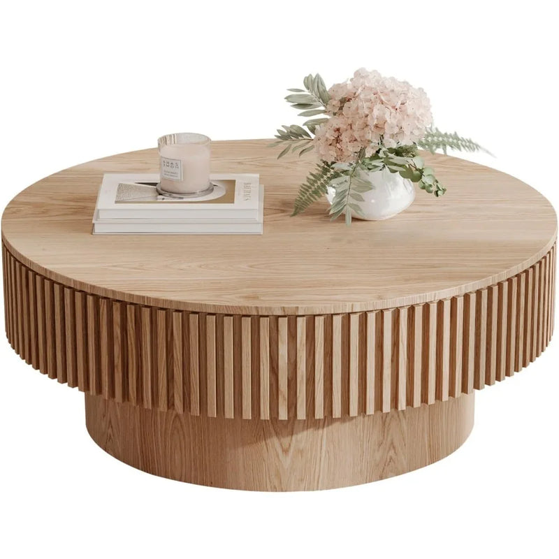 31.5" Natural Coffee Table – Modern Solid Wood Drum Tea Table for Living Room