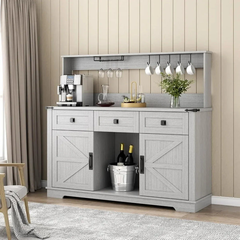 Farmhouse Bar Cabinet with Hutch & Storage Drawers