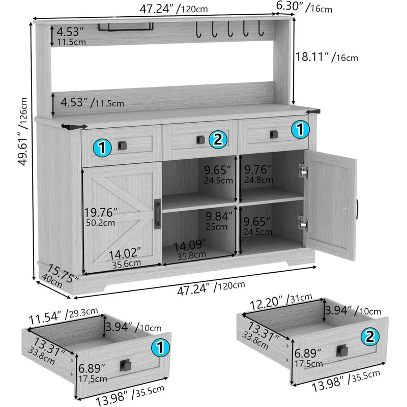 Farmhouse Bar Cabinet with Hutch & Storage Drawers